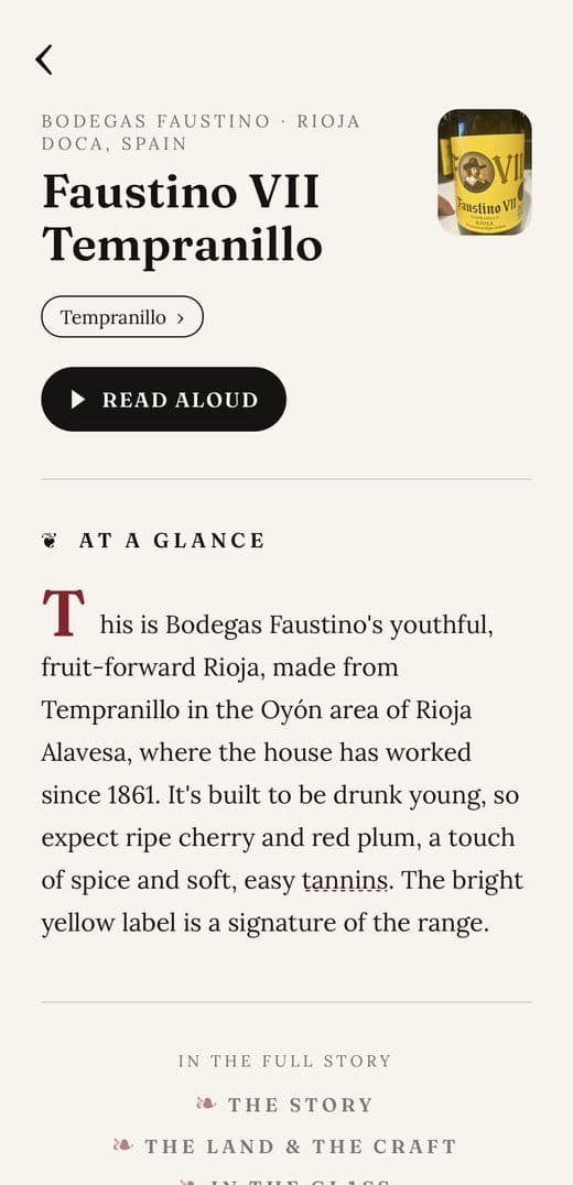 Vinovella quick card for a Rioja